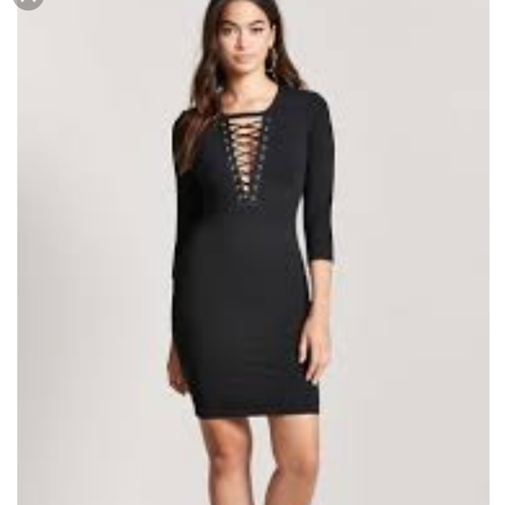 FOREVER 21 MIDI BODYCON FRONT LACE UP DRESS SIZE L - Picture 1 of 5